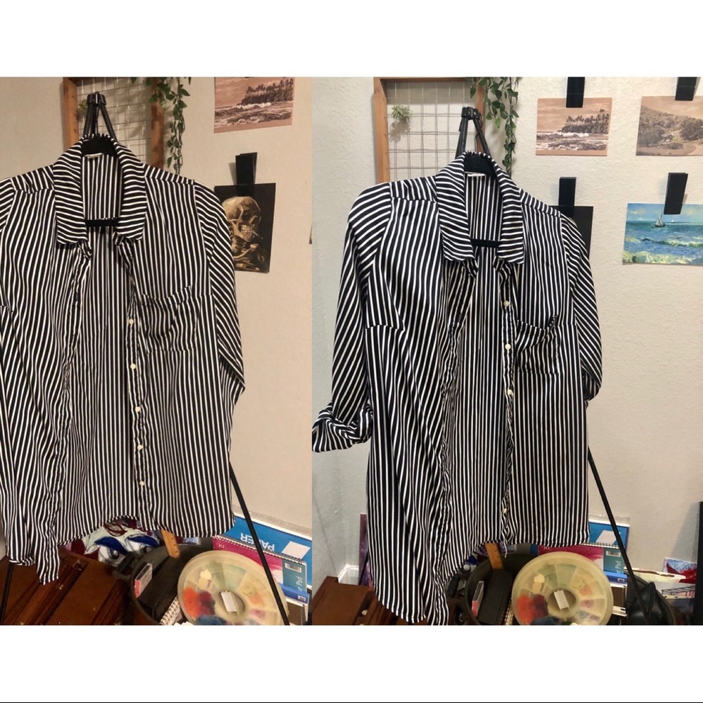 Black and white striped button down blouse